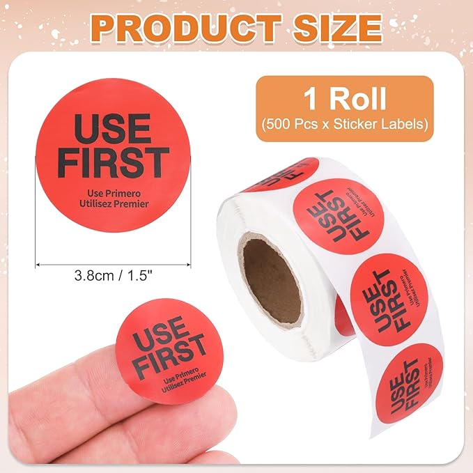 PATIKIL 500 Pcs USE First Stickers, 1.5 inch Round Use First Stickers Food Service Circle Inventory Control Adhesive Labels for Food Service Kitchen Restaurants Retail Storage Date, Red