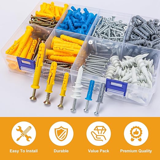 Drywall Anchors and Screws 160PCS, 5 Sizes High Hardness Wood Screws Assortment Kit,Works for All Types of Hanging Installation Needs, and Pairs Great with a Drywall Repair kit, Drywall Screws