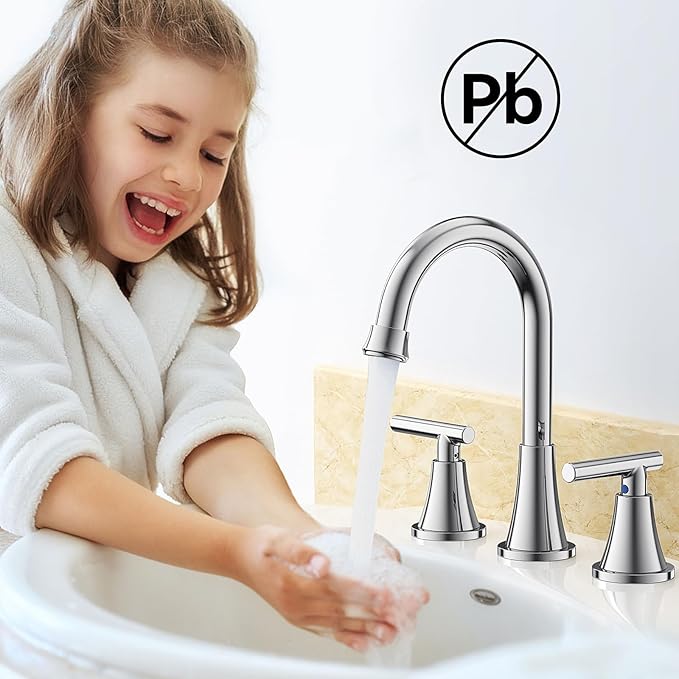 Bathroom Faucets for Sink 3 Hole, Hurran Chrome Bathroom Sink Faucet with Pop-up Drain and Supply Lines, Stainless Steel Lead-Free Widespread Faucet for Vanity RV Farmhouse, 2 Pack