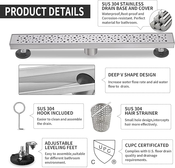 Linear Shower Drain 32 Inch, Bubbles Shower Drain SUS-304 Stainless Steel, 51L/Min Fast Drainage Floor Linear Drain, US Standard CUPC Certified, Brushed Silver, SD-099