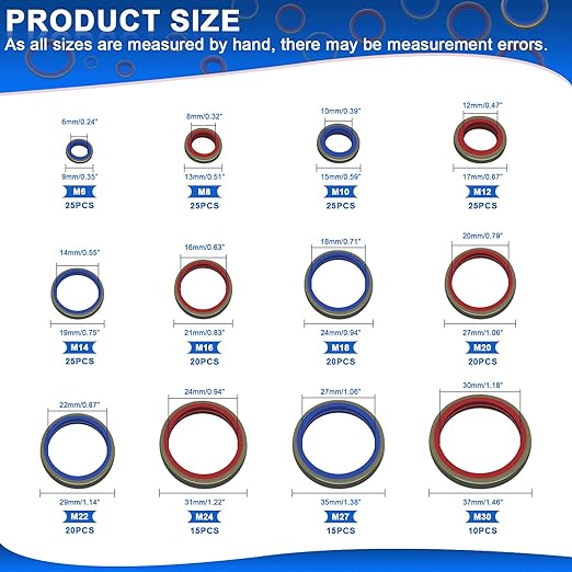 245pcs Bonded Seal Washer, NBR Metric Metal Automotive Sealing Washers Assortment Kit Self-Centred Sealing Rubber Gasket Combination Fit 12 Size M6 M8 M10 M12 M14 M16 M18 M20 M22 M24 M27 M30