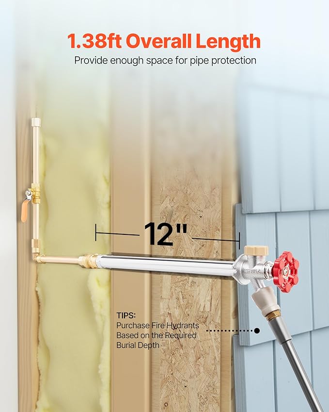 VEVOR Anti-Siphon Frost-Proof Sillcock, 12" Freeze Proof Outdoor Faucet Bib with Backflow Preventer, 1/2" Push-to-Fit Connector X 3/4" Hose Bibb, No Lead Frost-Free Spigot for PEX Copper CPVC Pipes