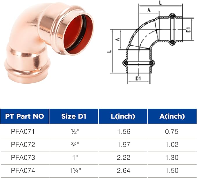 Copper Press Fittings 90 degree Elbow Copper Coupling Zero Lead PxP 1-1/4 inch x 1-1/4 inch for Residential Commercial 1 Pack
