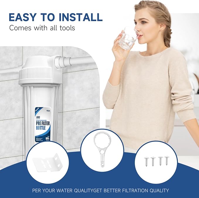 Whole House Water Filter Housing, Fit 10"x2.5" Sediment etc Filters for Well and City Water, Pre-Filtration System for Home, 3/4" Brass Port, Heavy Duty Steel Bracket, 4 Screws, Wrench, 1 Pp Cotton