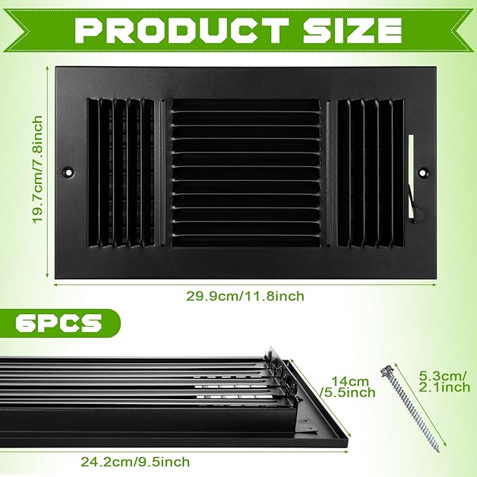 VIHOSE 6 Pcs Vent Covers 12 x 6 Inch HVAC Sidewall Air Ceiling Register 3 Way Vents for Wall Solid Steel Manual Adjuster for Bathroom Toilet Home Office (Black)