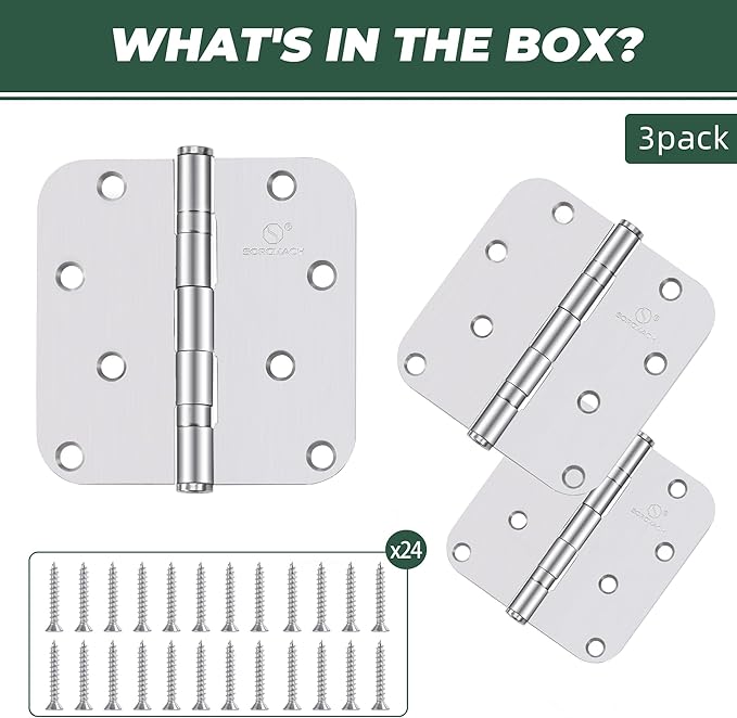 304 Stainless Steel 4 Inch Door Hinges Brushed Satin Nickel Interior Hinges 5/8" Radius Corners 3.5'' Ball Bearing Silver Door Hinges- 3 Pack