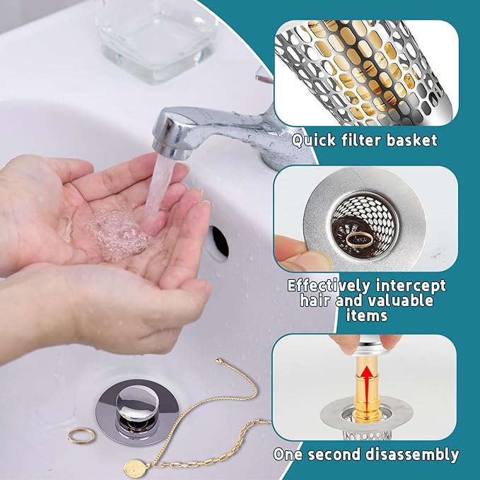 2Pack Bathroom Sink Stopper for 1-1.50in, Universal Drain Filter for US Stainless Steel Floor Drain Filter, Universal Bathroom Sink Drain Pop Up Stopper with Hair Strainer (Silver)