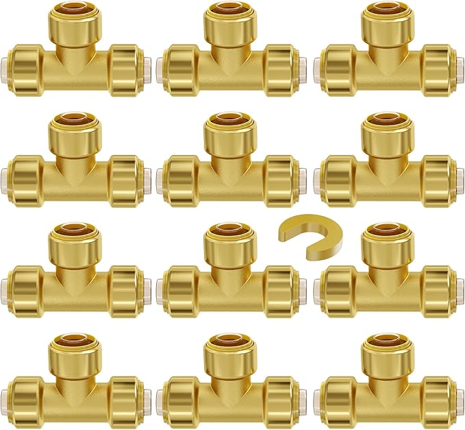 VEVOR Pipe Fittings, 1/2" 12PCS Tee Brass Pipe Fittings, Push-Fit Pipe Connector Brass Air Fittings, Heavy Duty Plumbing Fittings Adapter for Heating/Shower Systems, Water Pipes