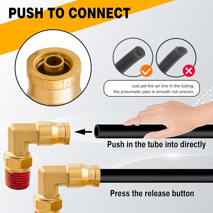 1/4" 90 Degree Elbow Union Brass DOT Push to Connect Air Line Fittings, 1/4" OD Tube x 1/4" NPT Air Brake Line Quick Fitting Connectors for Truck Trailers or Industry Air System(5PCS)