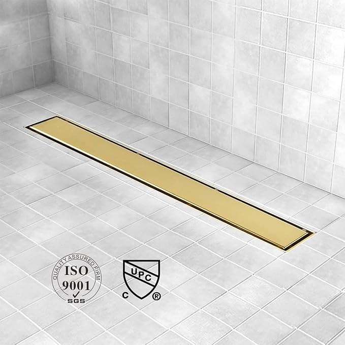 Linear Shower Drain, 40 inch Gold Drain with Tile Insert 2-in-1 Panel, Brushed 304 Stainless Steel Gold Shower Floor Drain, Linear Drain with Hair Strainer and Adjustable Feet