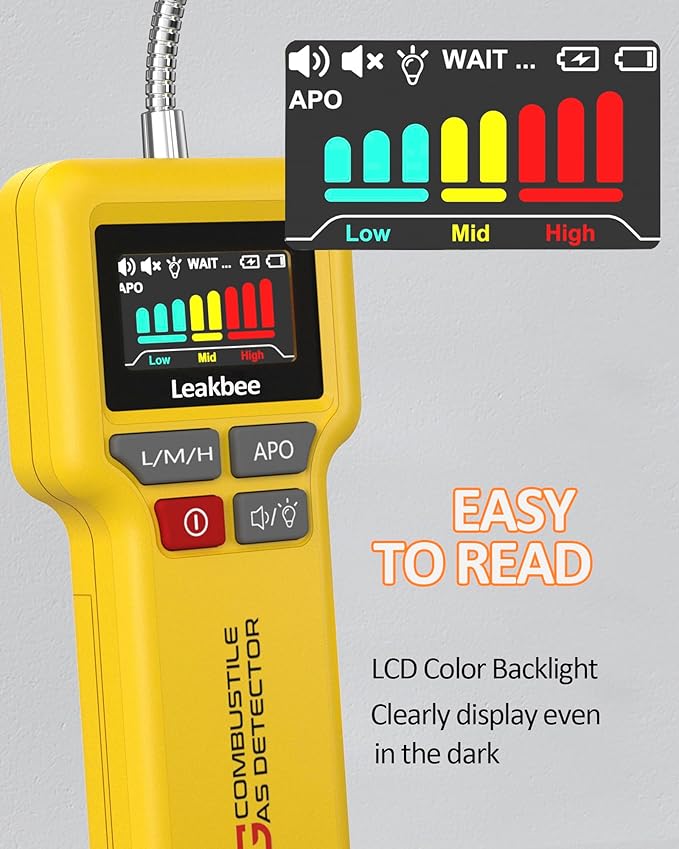 Y201-Pro Natural Gas Detector, Gas Leak Detector with 12-Inch Gooseneck, Locating The Source of Propane, Natural Gas, and Combustible Gas Leak for Home and RV (Battery x3 1.5V AA) - Yellow