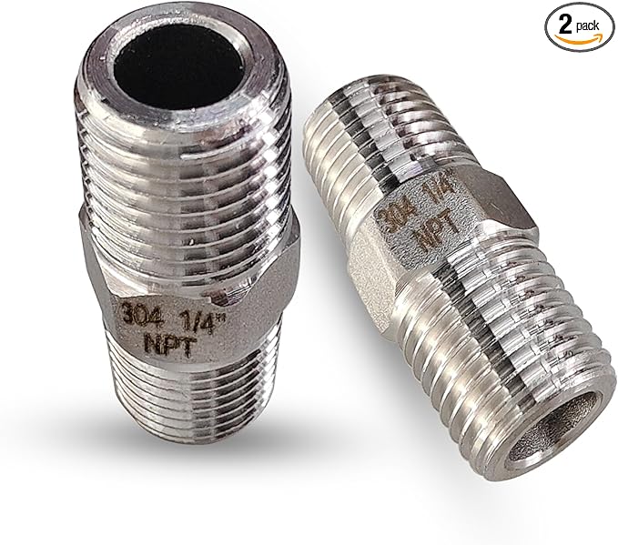 1/4" Male to Male NPT Hex Nipple Pipe Fittings, 304 Stainless Steel 1/4 inch MNPT Threaded Pipe Adapter Equal Straight Nipples Connector Fitting, 2pcs