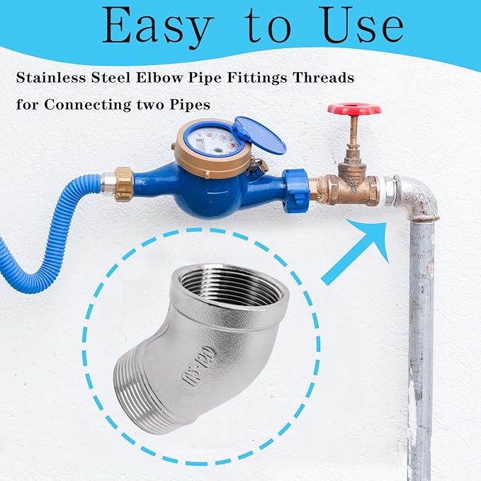 1PCS 304 Stainless Steel 45 Degree Elbow, 1-1/2" NPT Male Pipe to 1-1/2" NPT Female Coupler, Heavy Duty Forged Street Elbow Adapter Pipe Fittings, Class 150