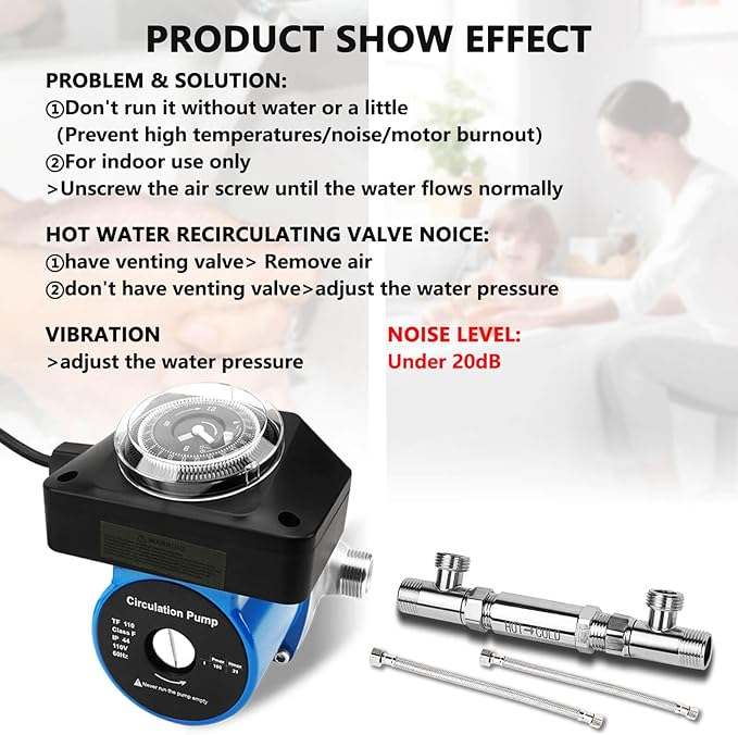Hot Water Recirculating Pump with Timer Recirculation System & BSP 3/4" w/NPT 1/2" Adapter, Sensor Valve 304 Stainless Steel Bybass Valve Kit for Instant Hot Tank Water Heaters #595916 095580