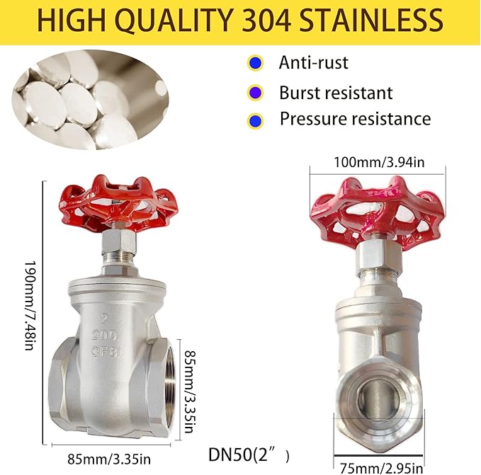 304 Stainless Steel Gate Valve, 2" NPT Stainless Steel Female Threaded Rotary globe valve for water flow switches, fuel water vapor, air switches, for sump pumps and air compressors DN50