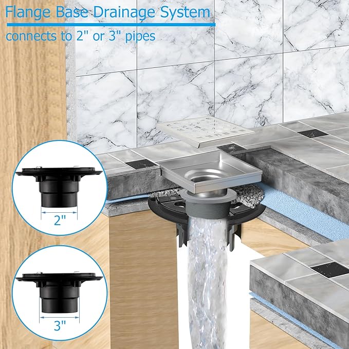 4 Inch Square Shower Floor Drain with Flange,Quadrato Pattern Grate Removable,Food-Grade SUS 304 Stainless Steel,Brushed Nickel