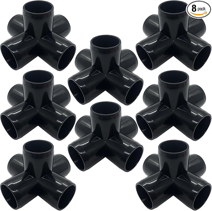 1/2“ Tee PVC Fitting 5 Way Elbow Connector, Furniture Grade 90 Degree Elbow Side Outlet, PVC Corner Fittings for Building Furniture Greenhouse Shed Tent Connection (Black-Pack of 8)