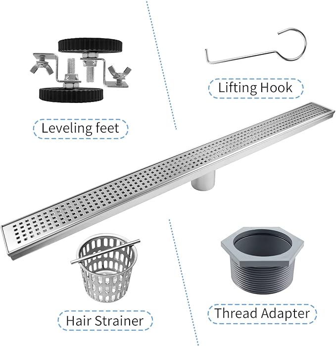 Linear Shower Drain 30", 304 Stainless Steel Floor Drain with Grid Drain Cover & Hair Strainer, Rectangular Shower Drain w/CUPC Certified, Brushed