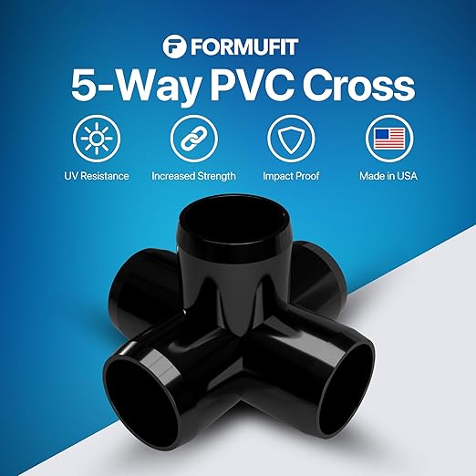 FORMUFIT 1-1/4" 5-Way Cross Furniture Grade PVC Fitting in Black, Made in USA, UV-Resistant, Impact-Proof, 1.66” Actual Socket Diameter (Pack of 4) - F1145WC-BK-4
