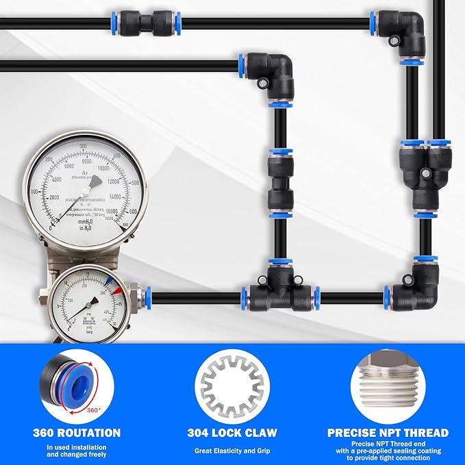 1/4" Air Line Tubing Kit,1/4" OD DOT Air Line 50 FT(15 m) SAE j844 PA Nylon Air Hose Tube and Push to Connect Fitting for Air Brake System Or Fluid Transfer,15 Pcs Compressed Accessories Kit