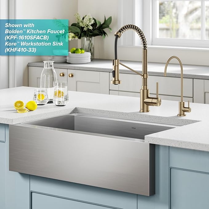 KRAUS Bolden Commercial Style Pull-Down Kitchen Faucet and Purita Water Filter Faucet Combo in Spot Free Antique Champagne Bronze, KPF-1610-FF-100SFACB