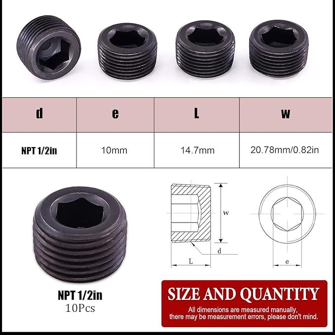 Hilitchi 10Pcs Carbon Steel Black Pipe Fitting Pipe Plug Fitting NPT Male Plug (1/2)