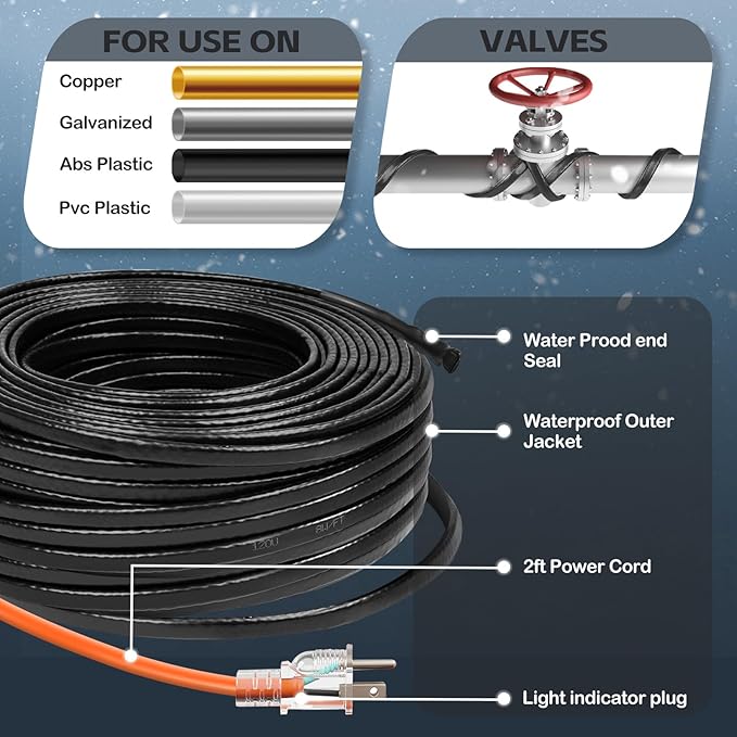 160FT（3FT-200FT）Pipe Heating Cable for Pipe Freeze Protection, Heat Cable for Water Pipes(Metal and Plastic), Pipe Heat Tape Keeps Water Flowing at -40°F 5w/ft, 120V