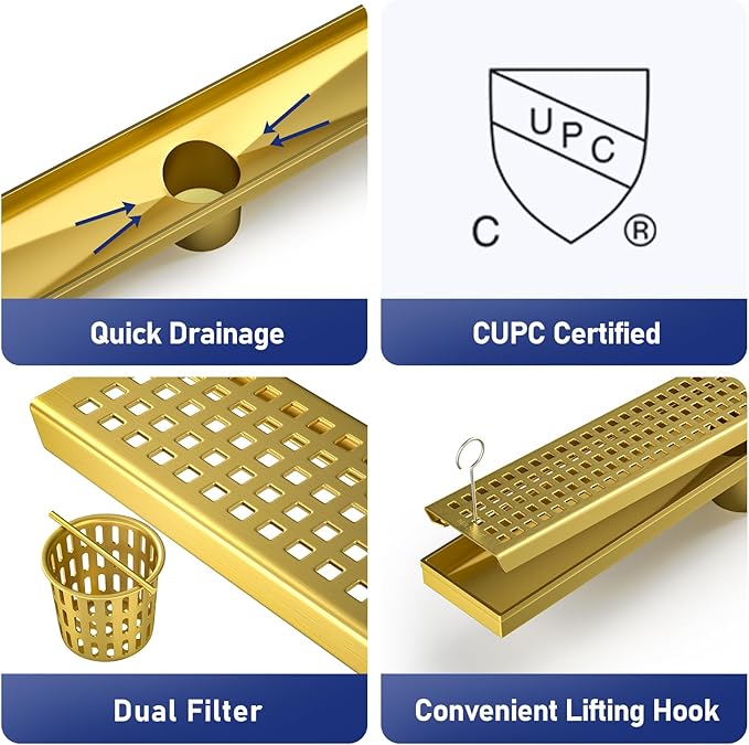 Linear Shower Drain 18", 304 Stainless Steel Floor Drain with Grid Drain Cover & Hair Strainer, Rectangular Shower Drain w/CUPC Certified, Brushed Gold
