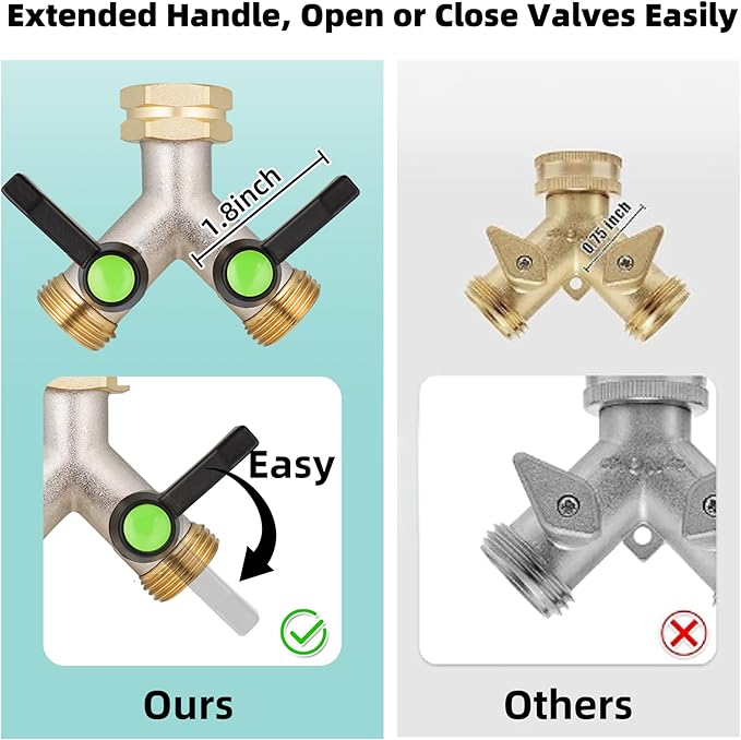 Hose Splitter,Garden Hose Splitter 2 Way,Y Adapter for Water Hose, Faucet Splitter, 2 Way Heavy Duty Brass Splitter，Outdoor Faucet Splitter,with Long Handle.