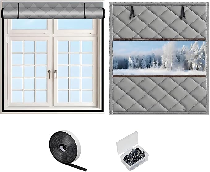 Thermal Window Cover for Wintern, Window Insulation Kit Blackout Oxford Curtain, Thicken Warm Waterproof Attic Insulation Blanket, Draft Blocker in Home RV 38 39 47 57 62 63in(Grays,26x59in)