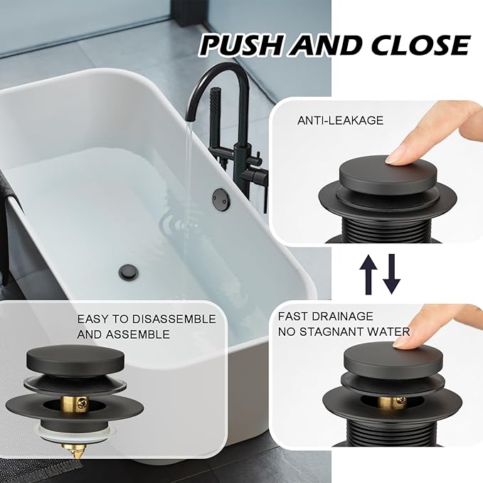 (1 Pack) Yariwiz 1-1/2" Matte Black Bathtub Tub Drain Kit Bath Waste Overflow Drain Tube Assembly with Bathtub Fast Installing Pop Up Plug and Overflow Faceplate Matte Black