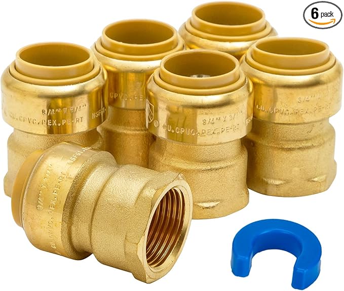 SUNGATOR 3/4 Inch Female Adapter Pushfit, 3/4 Inch FNPT, No Lead Brass Push-to-Connect Plumbing Fitting for PEX Pipe, Copper, CPVC, With 1 Disconnect Clip, Pack of 6