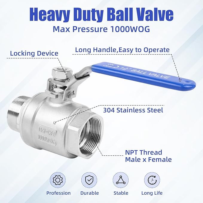 YADIAN 2 Pack 1-1/2'' Ball Valve Full Port NPT Male x Female, 304 Stainless Steel Heavy Duty Shut Off Valve with Blue Vinyl Insulation Handle and Locking Device for Water, Oil, and Gas, 1000WOG
