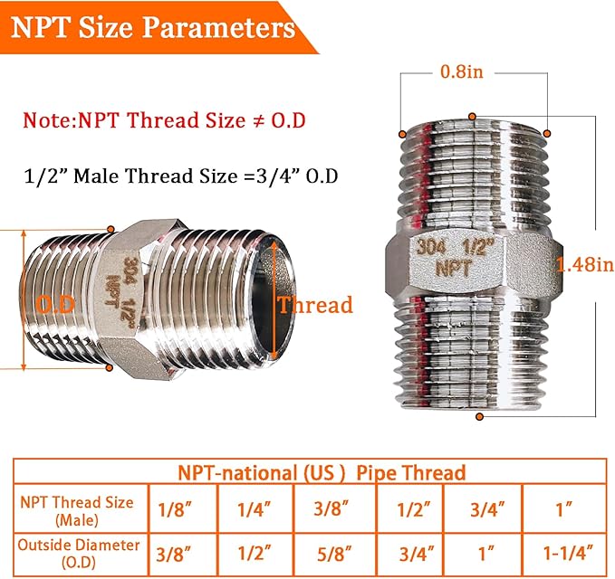 4PCS Hex Stainless Steel Nipple 1/2"NPT Male X 1/2" NPT Male Pipe Fitting 1/2 inch Stainless Steel Pipe Nipples Male Pipe Adapter Fittings Heavy Equal Nipples Connectors
