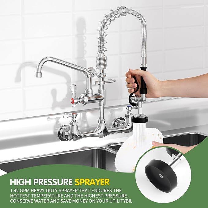 Commercial Sink Faucet,TOLSUNY Commercial Kitchen Faucet Wall Mount with Pre Rinse Sprayer,Wall Mounted Kitchen Sink Faucet for Industrial and Restaurant Sinks. (Classic, 21)