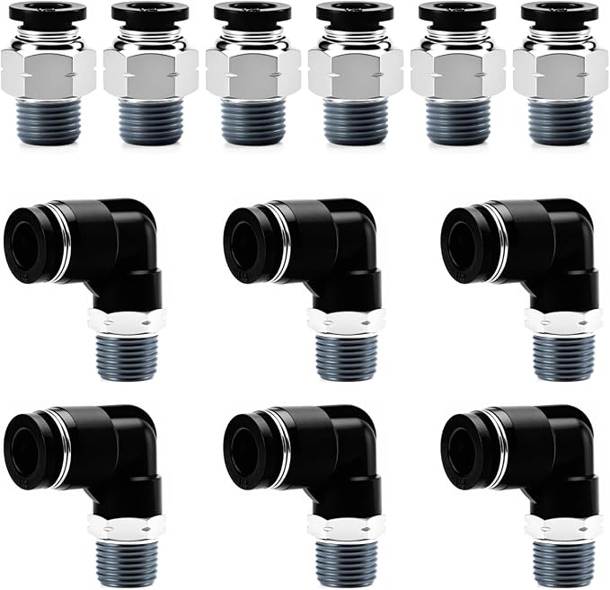 Pneumatic 1/4 Push to Connect Fittings Male Thread Elbow and Straight Combination Air Line Quick Connect Fittings 1/4"OD x 1/8"NPT Quick Connect Air Hose Fittings (Pack of 12)