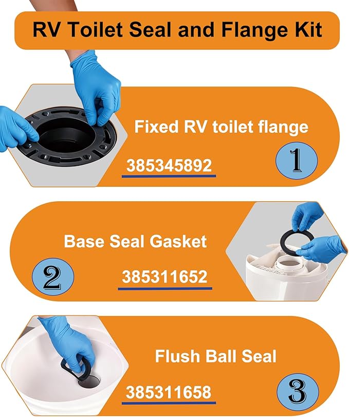 RV Toilet Seal and 3" Socket Floor Flange Kit for Dometic 300 310 320 RV Toilets, Replacement Parts Kit 385345892 Flange, 385311658 Flush Ball Seal and 385311652 Base Seal Gasket, 3 in 1 Repair Kit