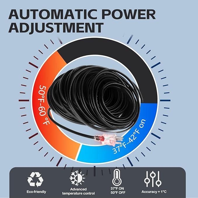 50FT（3FT-200FT）Pipe Heating Cable for Pipe Freeze Protection, Heat Cable for Water Pipes(Metal and Plastic), Pipe Heat Tape Keeps Water Flowing at -40°F 5w/ft, 120V