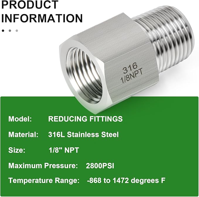 TAISHER 2PCS Forging of 316L Stainless Steel Pipe Fitting, Reducer Adapter, 1/8" NPT Male x 1/8" NPT Female, Reducing Pipe Adapter Fitting
