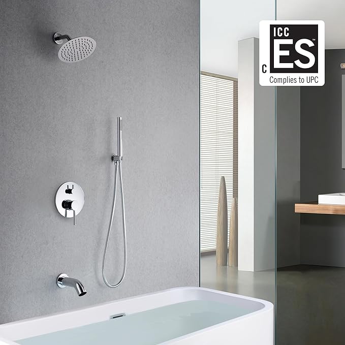 sumerain Rain Shower System with Tub Spout, Tub Shower Faucet Set with 8 inches Shower Head and Hand Shower, Valve Included Chrome