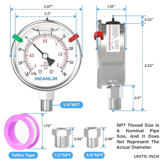 MEANLIN MEASURE -30inHG~30Psi Vacuum Pressure Gauge 316 Stainless Steel Joint 1/4"NPT 2.5"FACE DIAL, Liquid Filled Pressure Gauge WOG Water Oil Air Lower Mount with Stainless Steel Hex Bushing, Snaps
