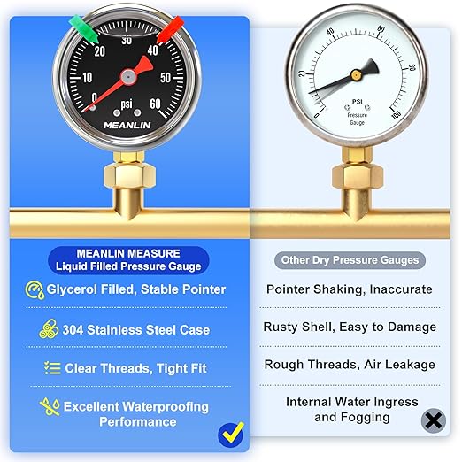 MEANLIN MEASURE 0~60Psi Black Stainless Steel Pressure Gauge, Glycerin Filled 1/8" NPT 1.5" FACE DIAL, Liquid Filled Pressure Gauge WOG Water Oil Air Lower Mount (with 2PCS Snaps)