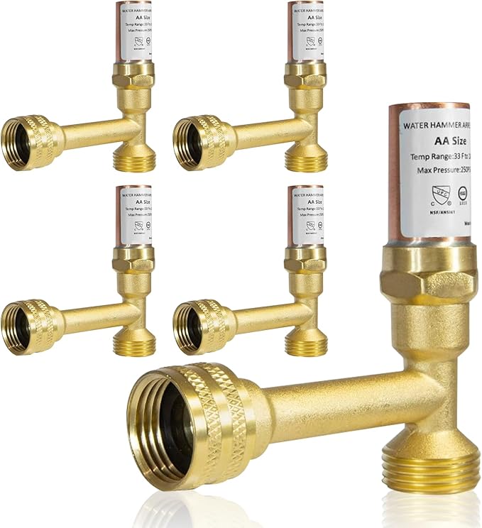Water Hammer Arrestor,3/4 Inch Swivel FHT x 3/4 Inch MHT Tee Stainless Steel Water Arrestor for Washing Machine Connection(5PACK, Tee Copper Arrestor)(HAMMER014-5Pack)