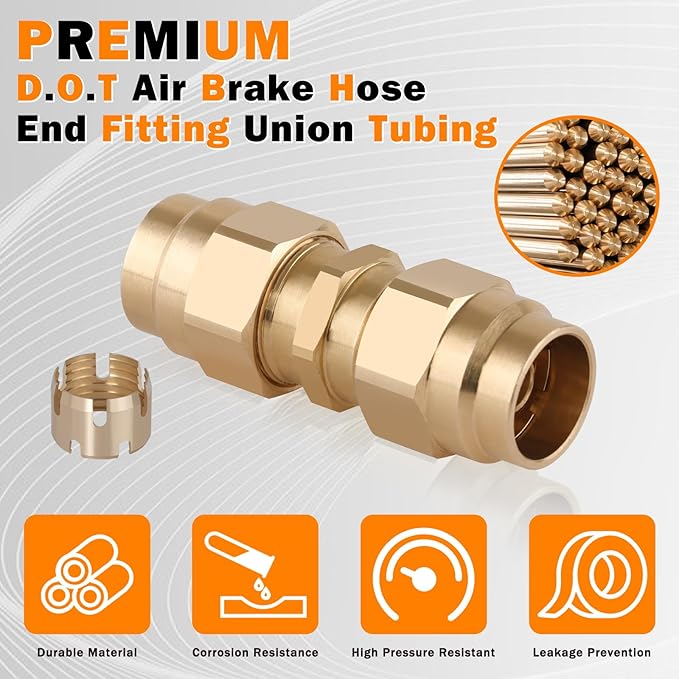 Brass 2PCS 1/2” OD Union Tube with 4 PCS Fitting Sleeve Tube, Air Brake Hose Fittings for Air Brake Systems,perfect for industrial use or trucks trailers