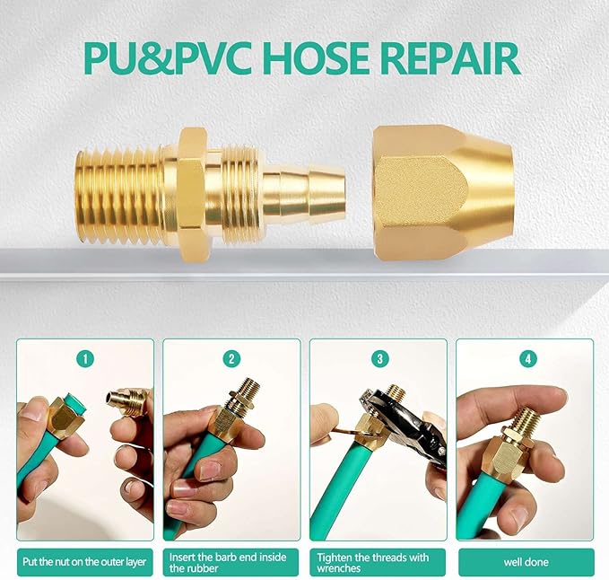 10pcs Premium Solid Brass Pneumatics Reusable PU Hose-End Repair Fitting, 3/8" Barb For 3/8-Inch ID Polyurethane Air Hose With 1/4" NPT