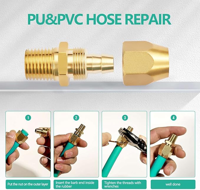 4pcs Premium Solid Brass Pneumatics Reusable PU Hose-End Repair Fitting, 3/8" Barb For 3/8-Inch ID Polyurethane Air Hose With 1/4" NPT