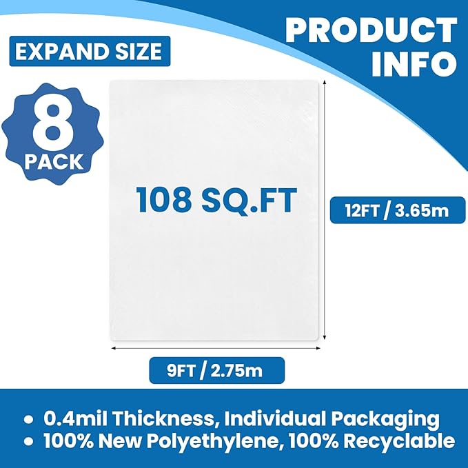 8 Pack Plastic Drop Cloth, 9 x 12 Feet Plastic Sheeting, Painter's Sheeting & Tarps for Painting, Dustproof Painters Plastic Tarp for Furniture Cover