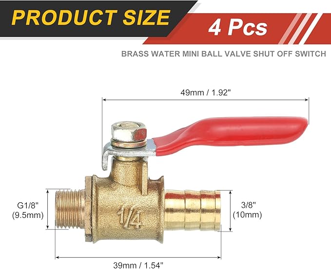 uxcell 4Pcs Brass Water Mini Ball Valve Shut Off Switch, G1/8" Male x 3/8" Hose Barb, 180 Degree Operation Handle, Brass Valve