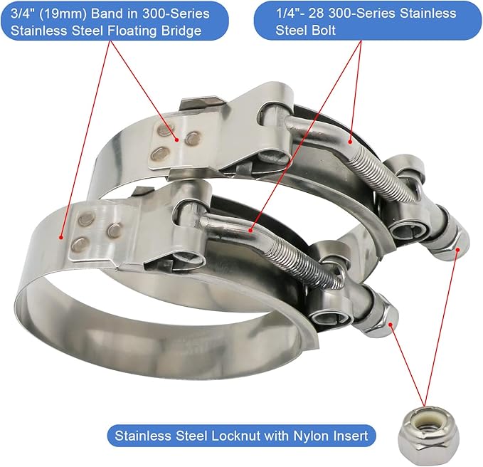ROADFORMER 78mm - 86mm T-Bolt Hose O.D. Clamp - Working Range 3.06" - 3.39" for 3.25 inch Hose OD, Stainless Steel Bolt, SS Band Floating Bridge and Nylon Insert Locknut (78mm - 86mm, 2 pack)