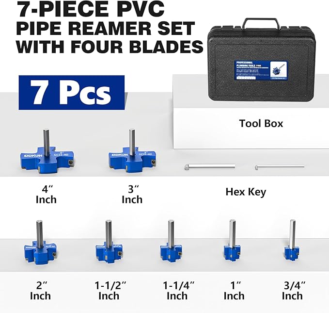 7Pcs PVC Pipe Reamer Kit, PVC Fitting Saver for SCH40, Includes 1-1/4", 1-1/2", 1", 3/4", 3", 2", 4", Plumbing Pipe Fitting Tools with 4 Blades-Compatible with 1/2" Drills